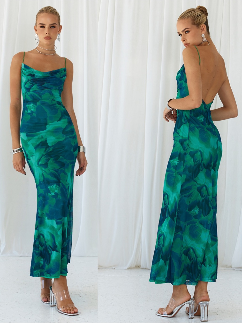 Runaway The Label KAPRI SLIP DRESS in GREEN FLORAL size XS NOTE FLAW